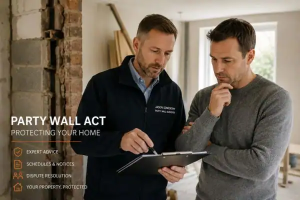 Party wall surveyor Alton discussing extension plans with homeowner outside a UK semi-detached house.